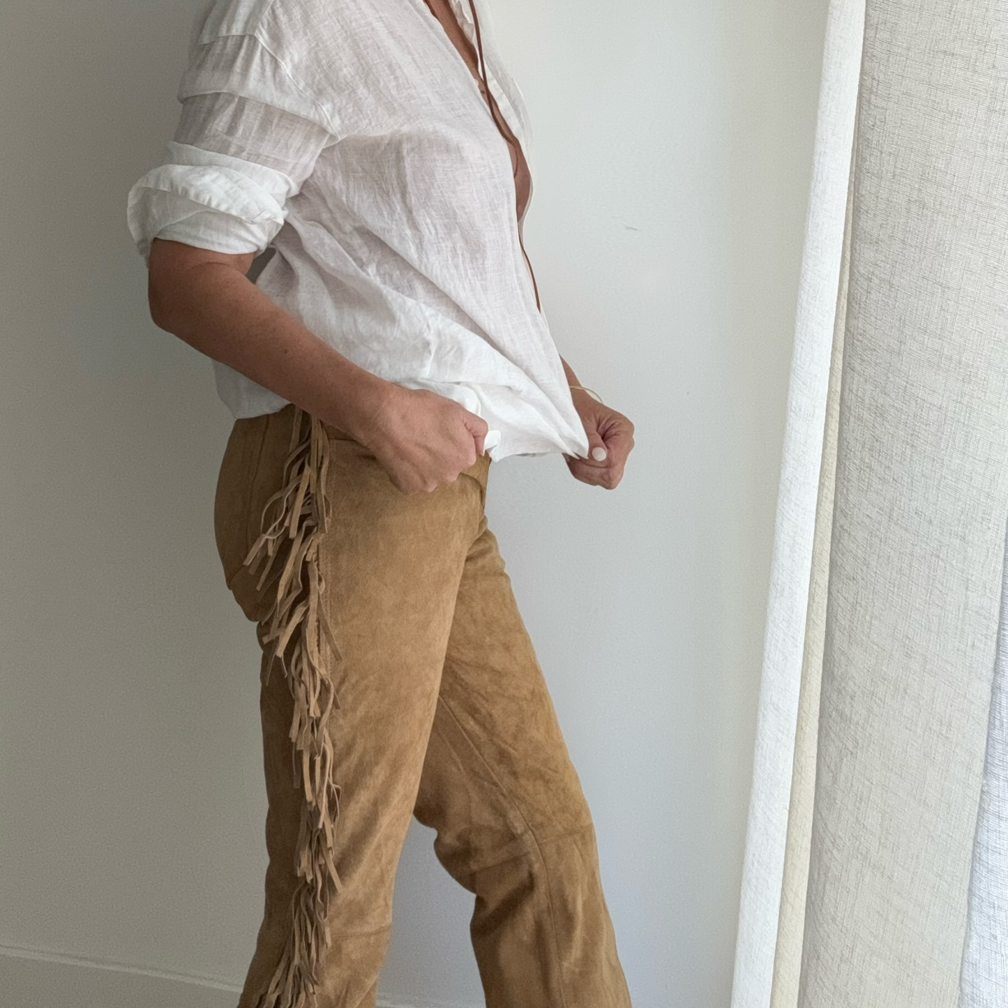 VINTAGE TAN SUEDE FRINGE LINED PANTS