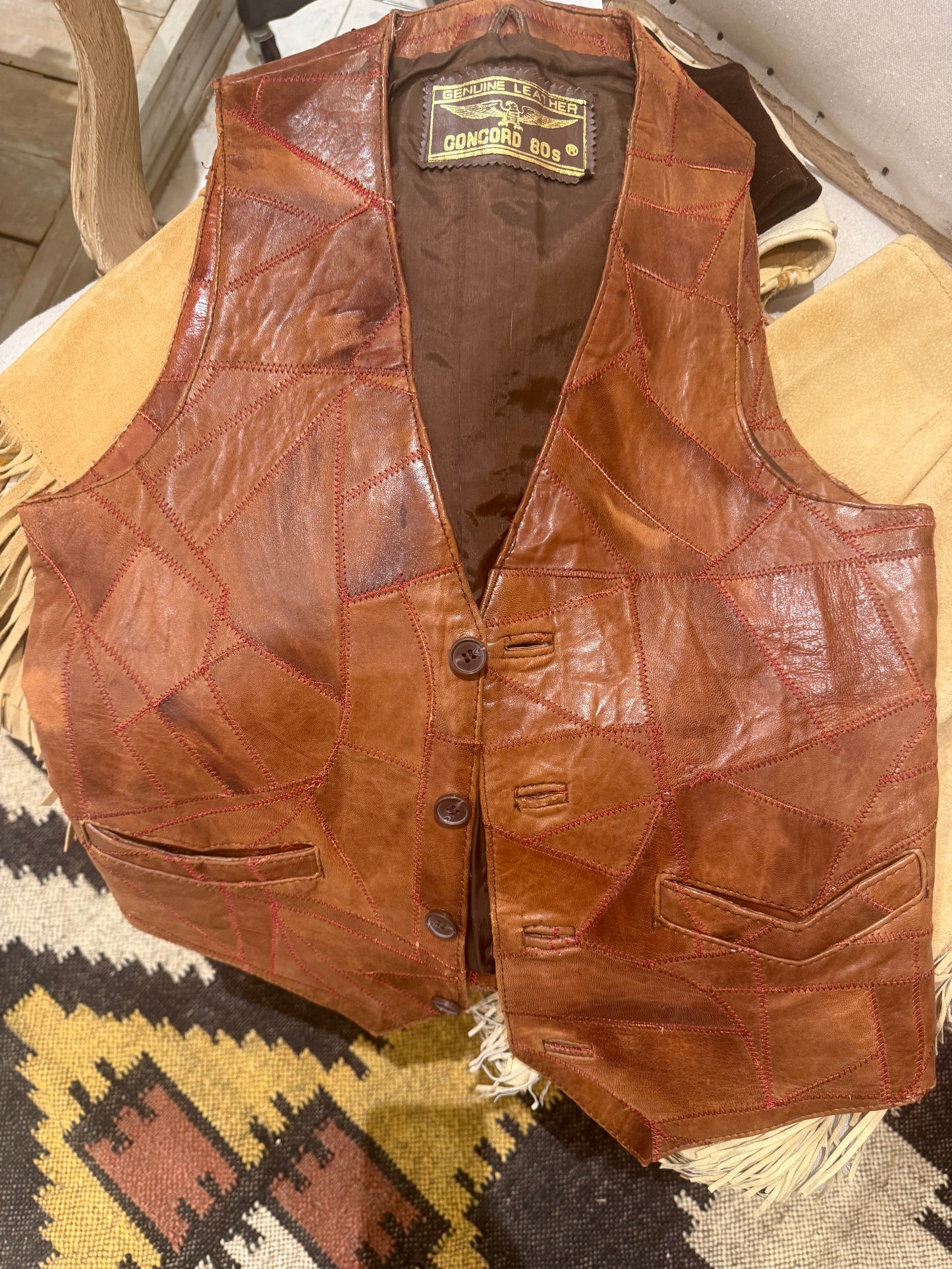 Brown Vintage patchwork Leather Vest
