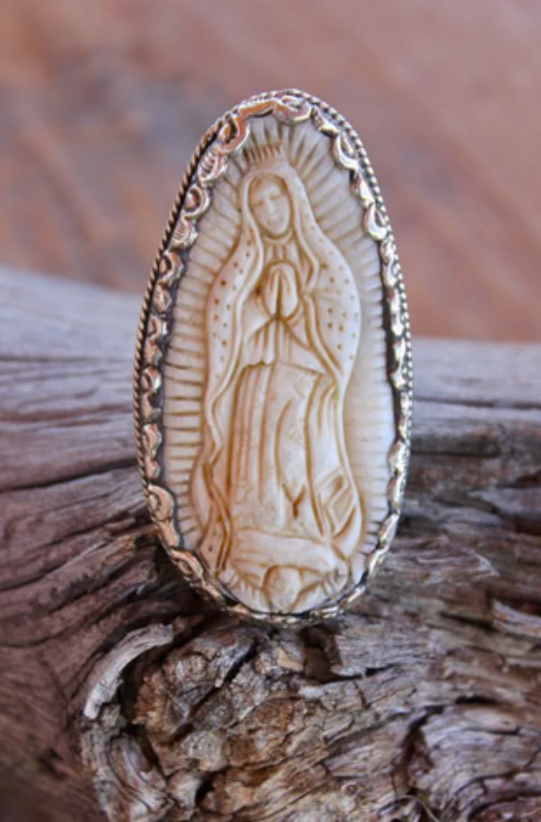 Hand Carved Guadalupe Ring with Tibetan Silver
