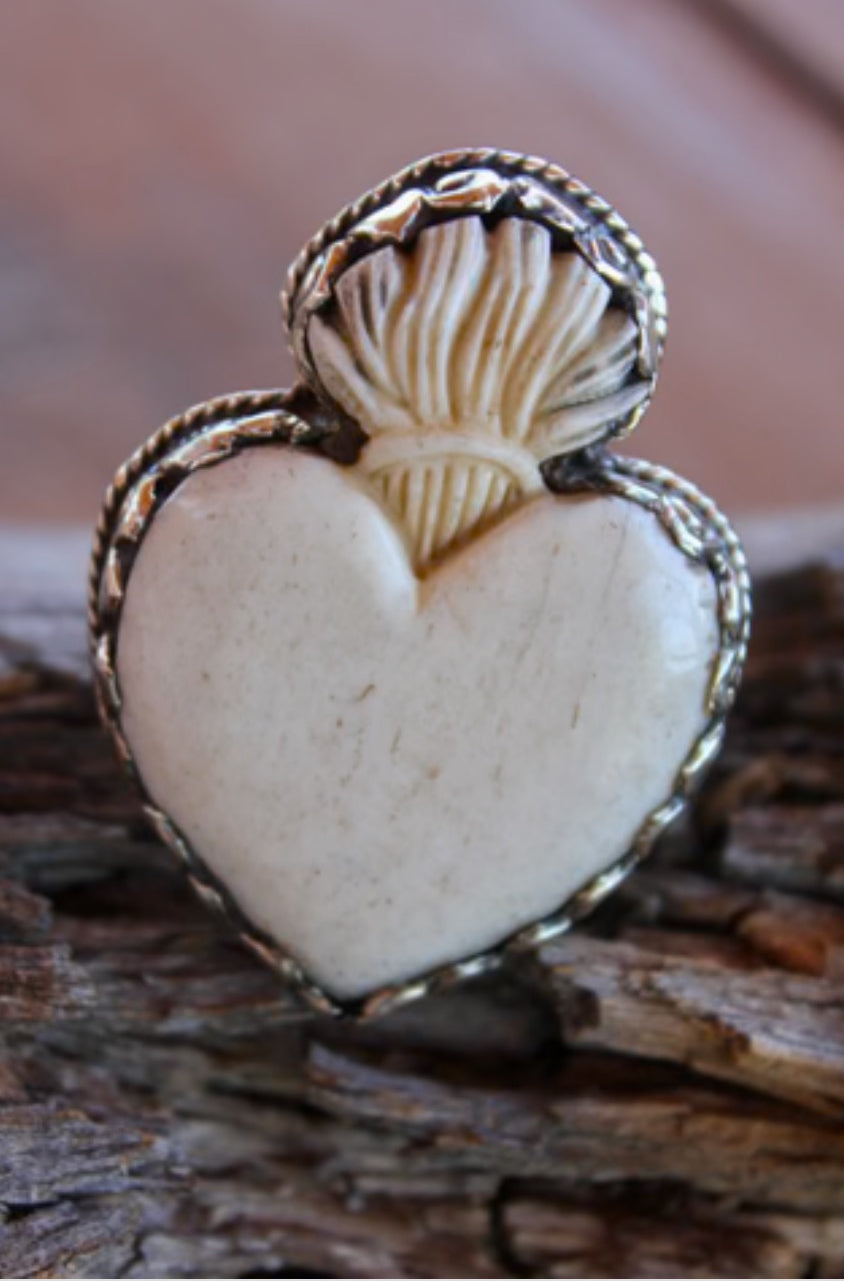 Hand Carved Sacred Heart Ring with Tibetan Silver