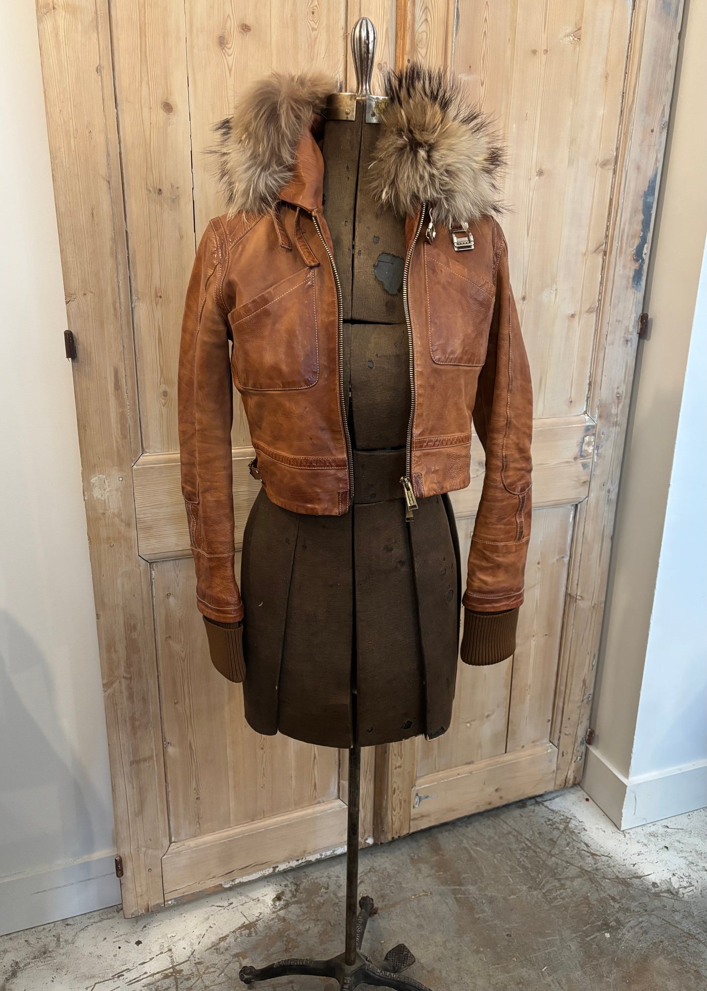Dsquared Leather Bomber with Wolf Collar