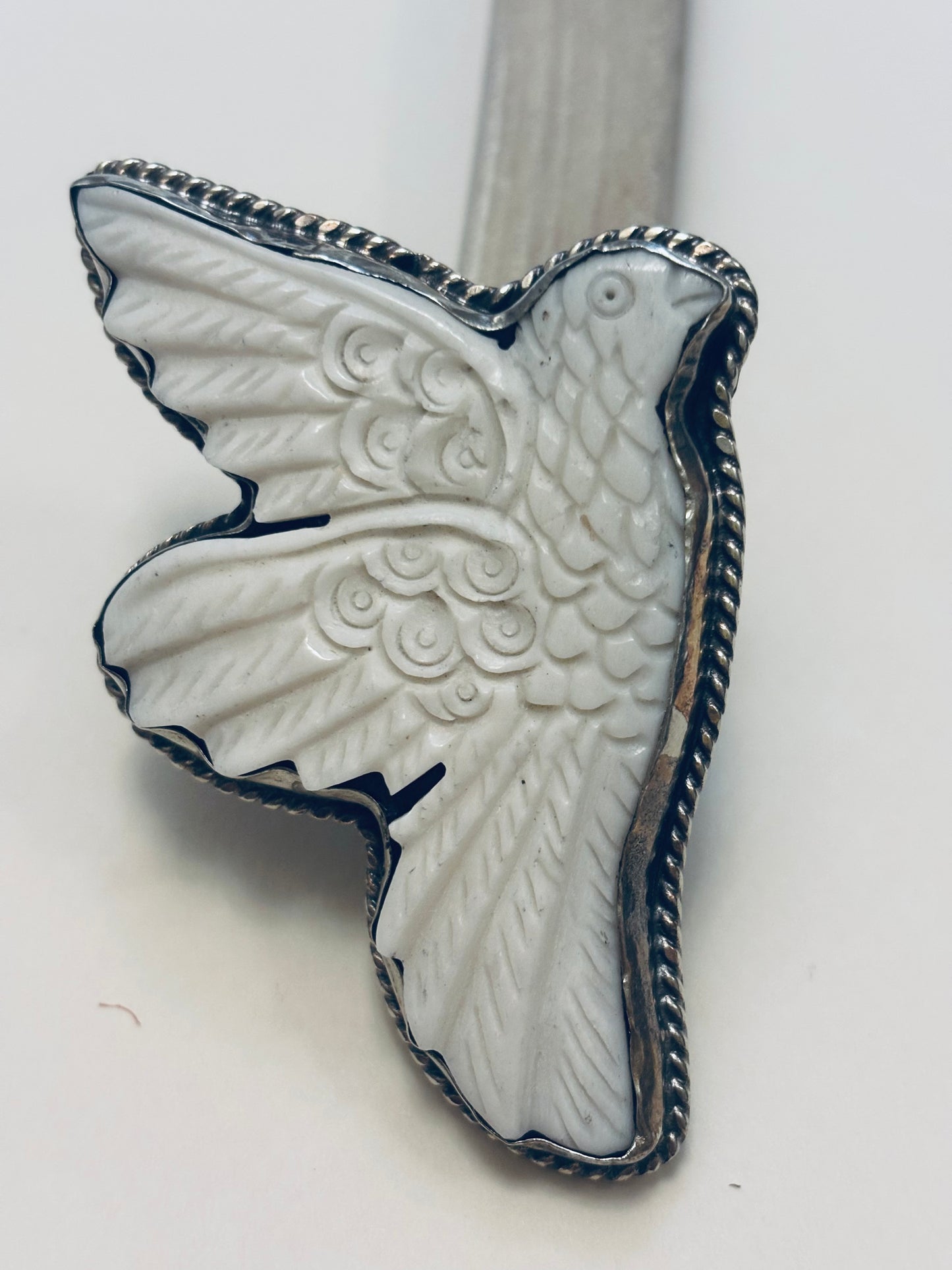 Carved Bone & Tibetan Silver Dove Ring