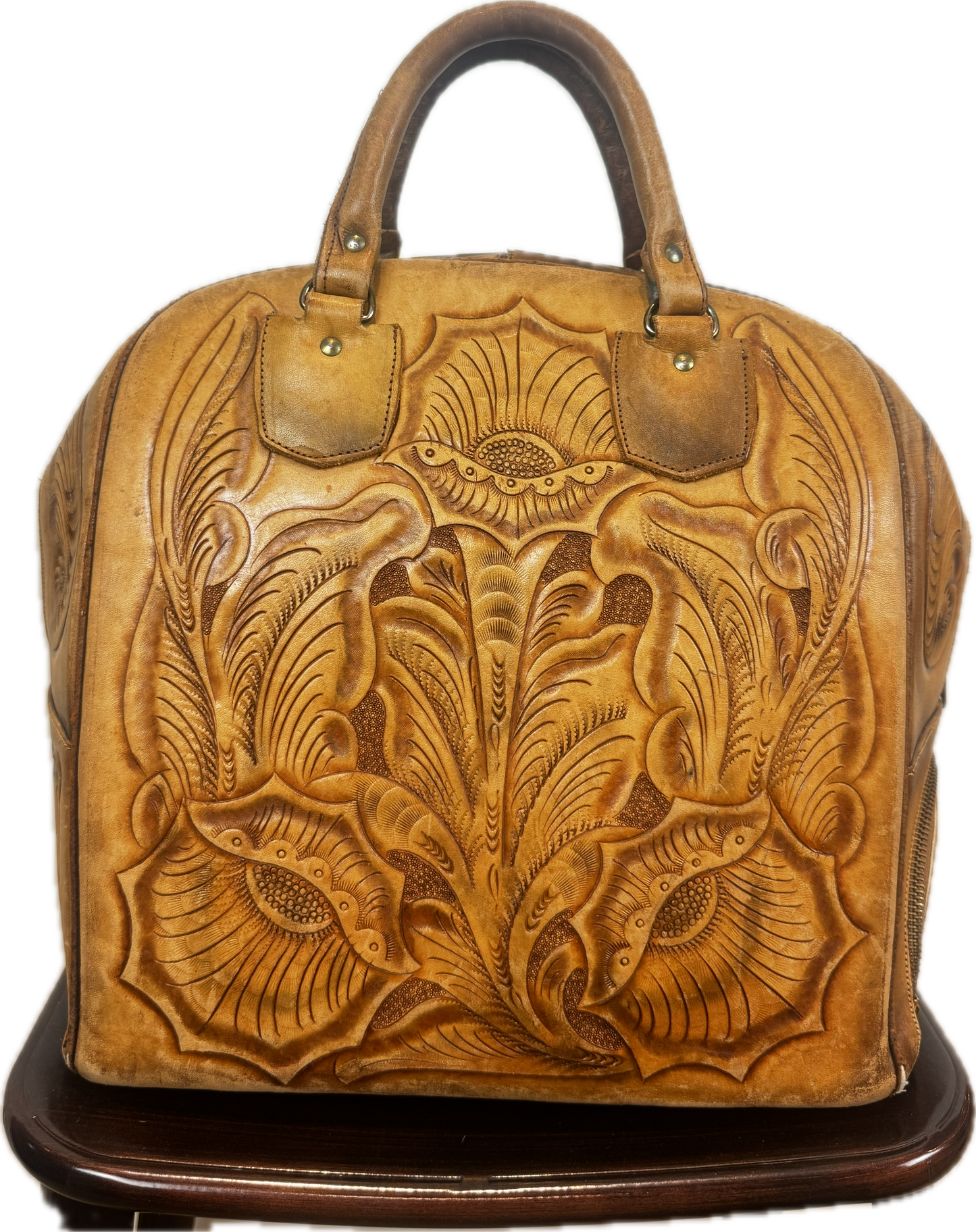 VINTAGE TAN LEATHER BOWLING BAG WITH EAGLE MOTIF