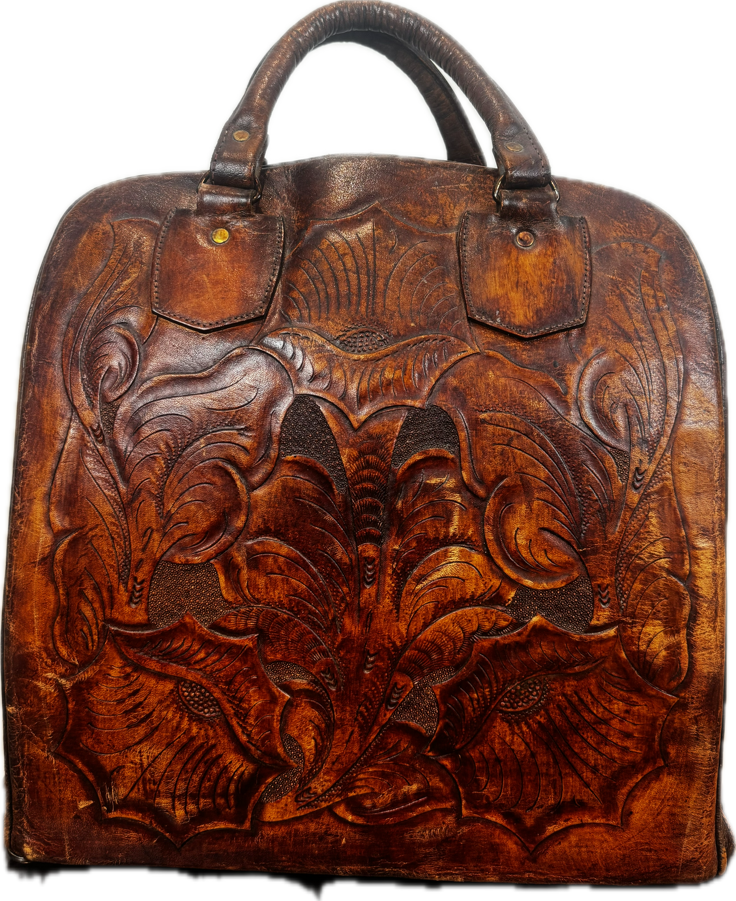 VINTAGE DARK BROWN LEATHER BOWLING BAG WITH HORSE MOTIF