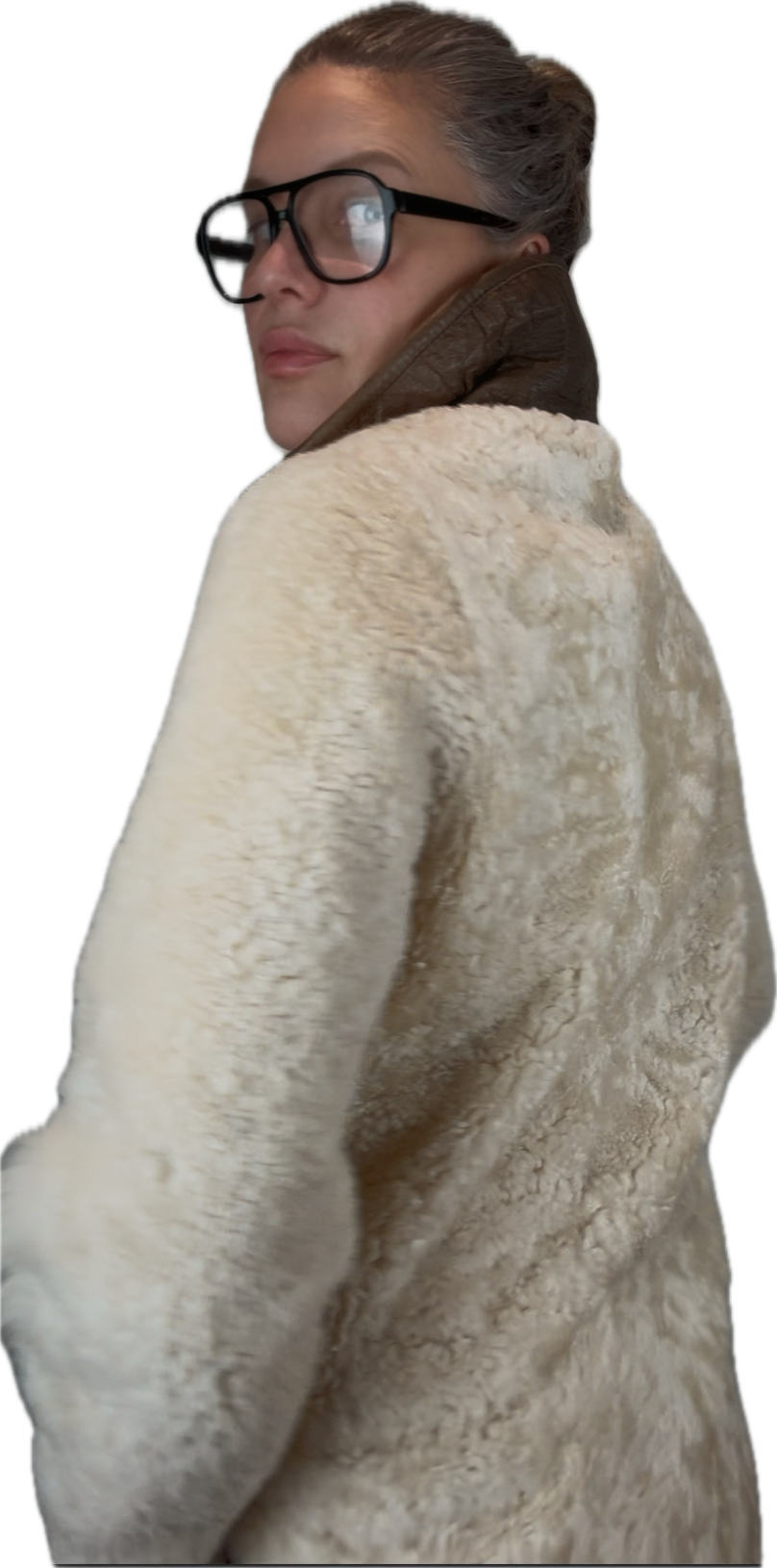 VINTAGE FULL SHEARLING ¾ COAT WITH DARK BROWN LEATHER TRIM