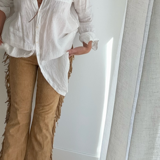 VINTAGE TAN SUEDE FRINGE LINED PANTS