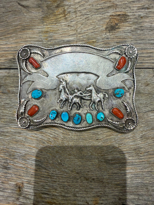 Vintage Large Rectangular Buckle with Turquoise and Coral Inlay