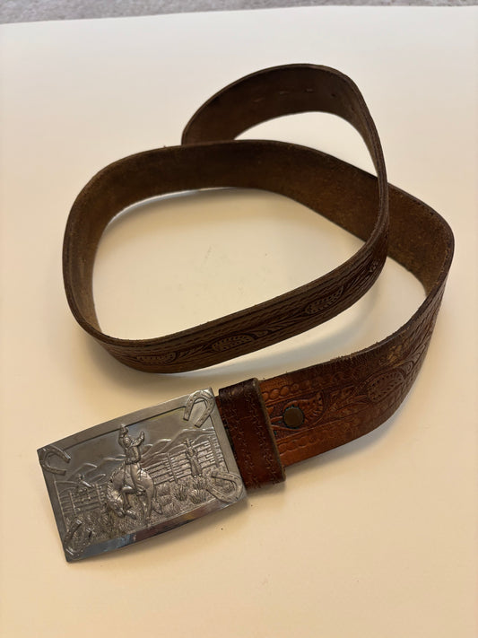 Vintage Tooled Belt & Buckle - Bronco