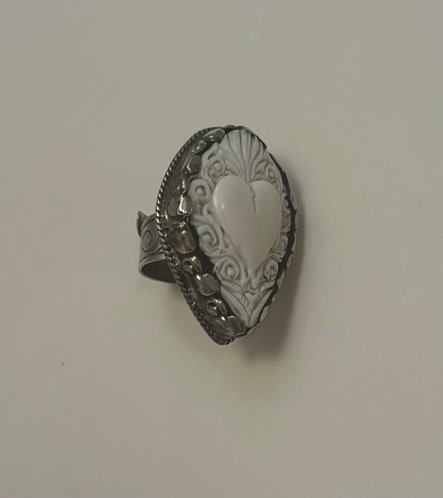 Carved Bone & Tibetan Silver Sacred Heart Ring