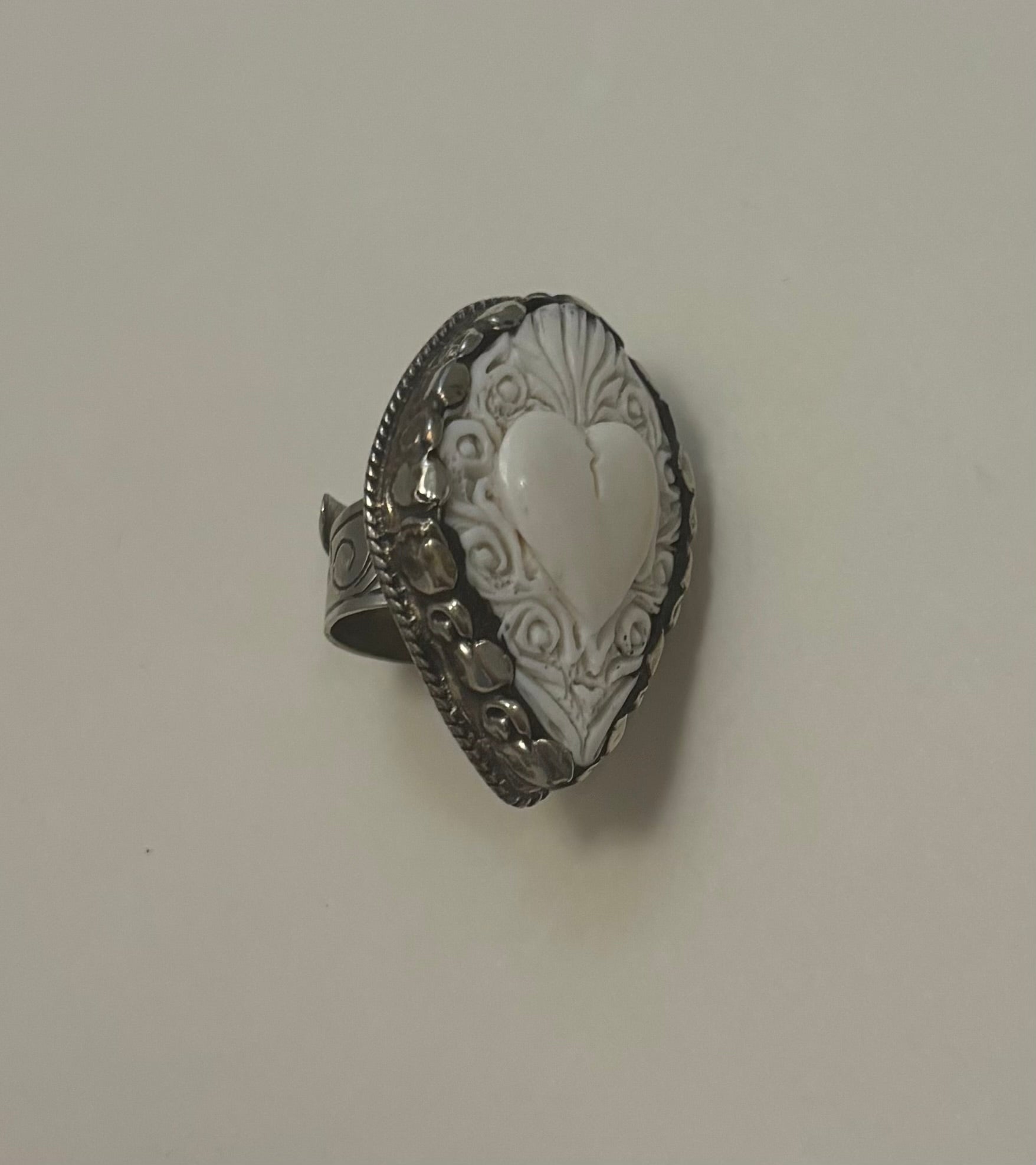 Carved Bone & Tibetan Silver Sacred Heart Ring