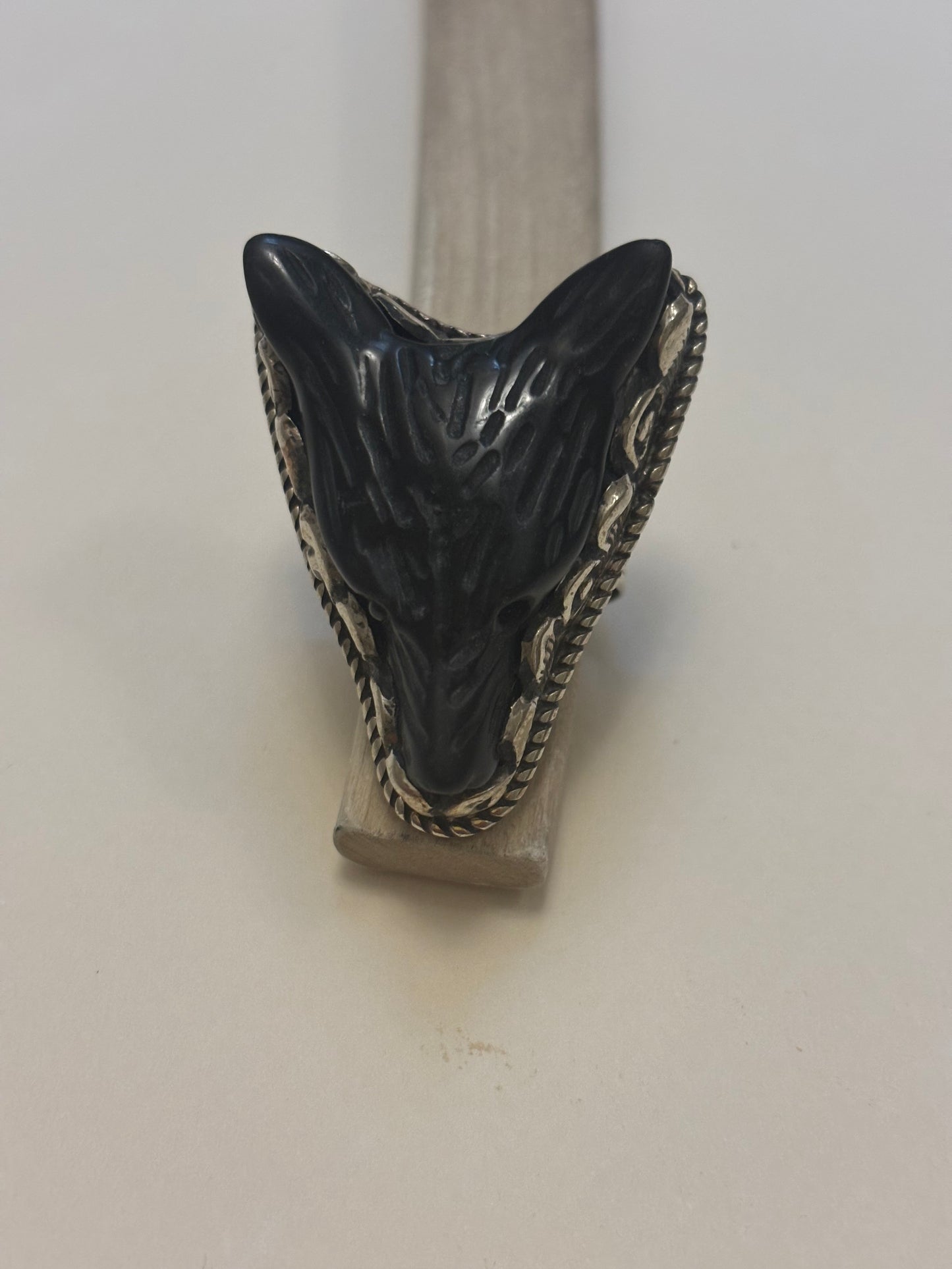Carved Bone & Tibetan Silver Coyote Head Ring