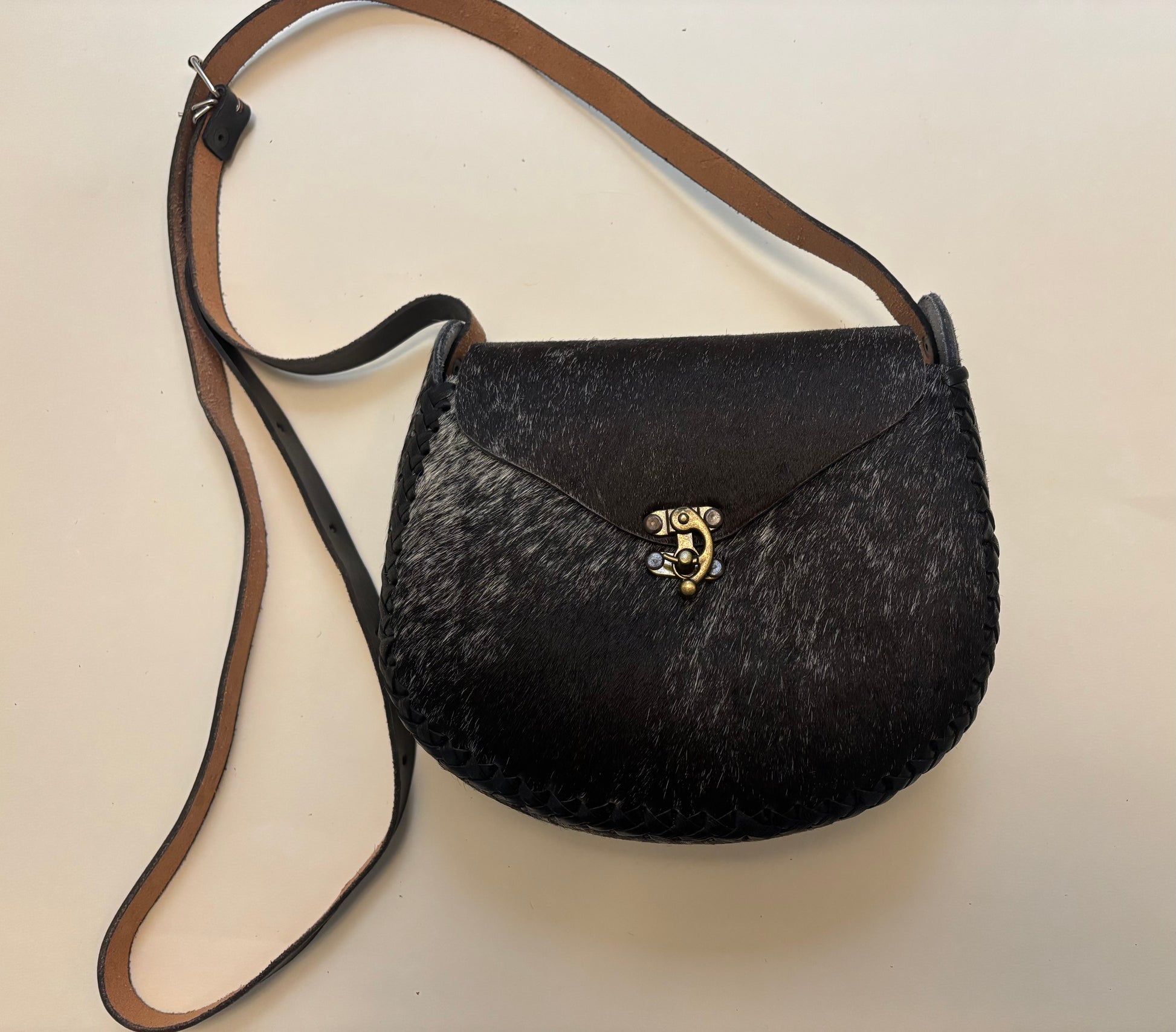 Hair-on-Hide Crossbody Dark Brown and White