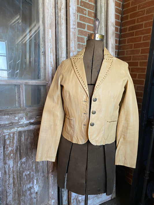 TAN CROPPED DISTRESSED LEATHER JACKET