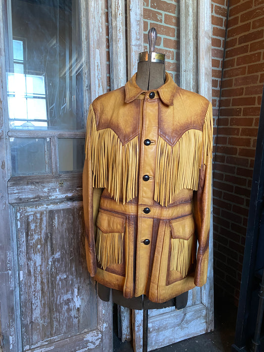 TAN TWO TONED LEATHER RANCH FRINGED JACKET