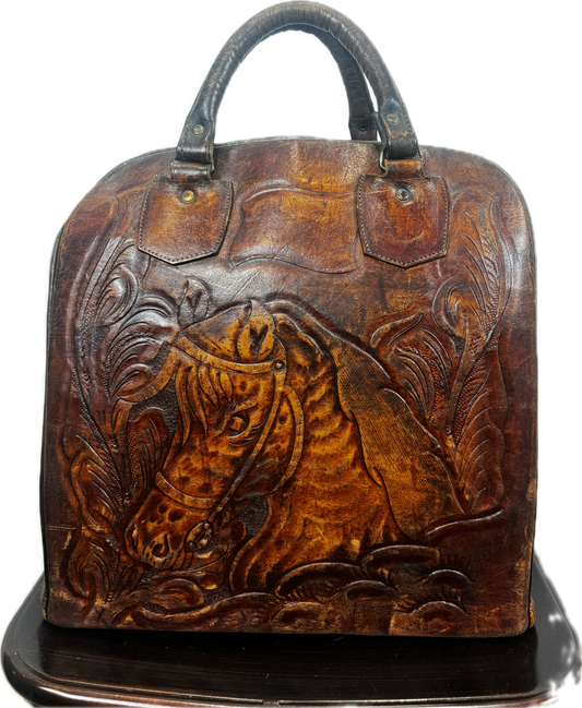 VINTAGE DARK BROWN LEATHER BOWLING BAG WITH HORSE MOTIF
