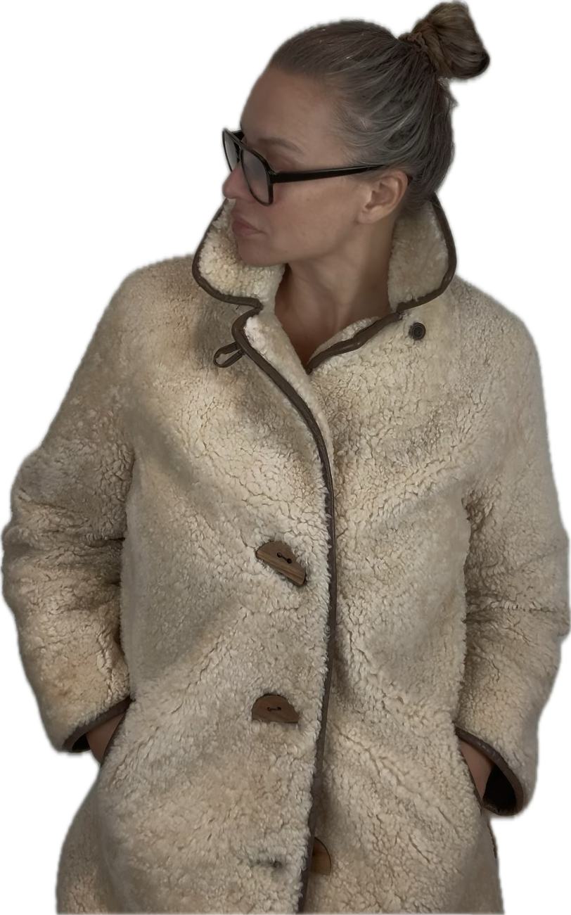 VINTAGE FULL SHEARLING ¾ COAT WITH DARK BROWN LEATHER TRIM