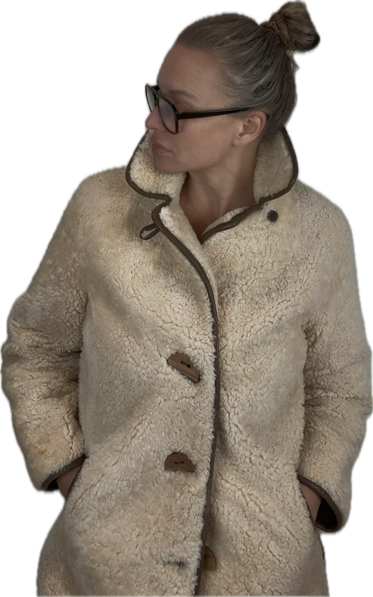 VINTAGE FULL SHEARLING ¾ COAT WITH DARK BROWN LEATHER TRIM