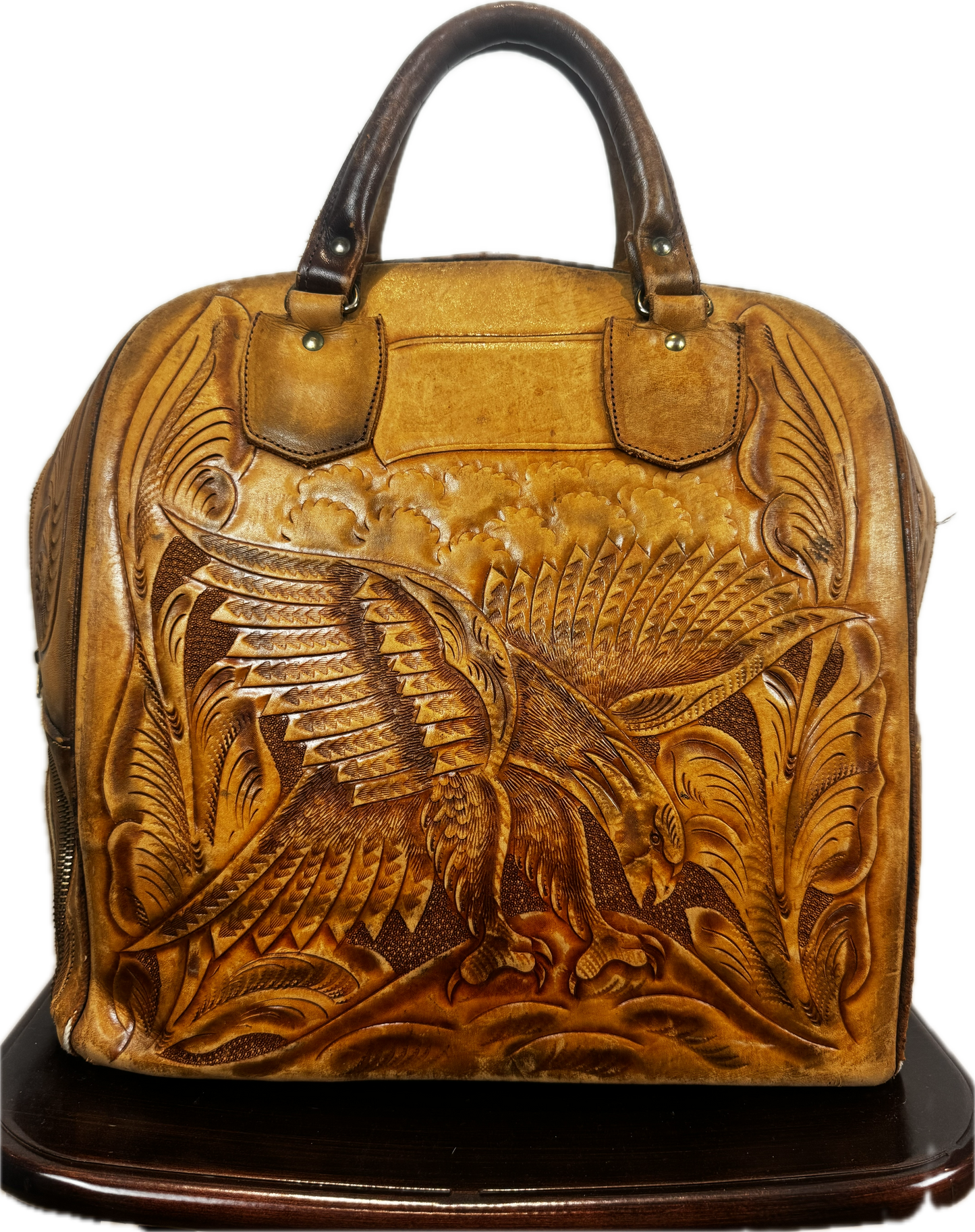 VINTAGE TAN LEATHER BOWLING BAG WITH EAGLE MOTIF