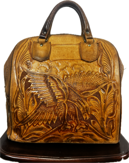 VINTAGE TAN LEATHER BOWLING BAG WITH EAGLE MOTIF